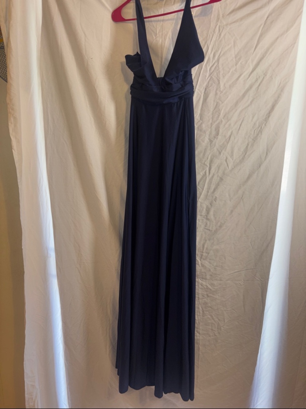 Deep Navy V-Neck Maxi Dress with Ruffled Waist